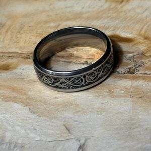 Men’s Black and Silver Band Ring with Intricate Engraving